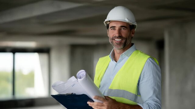 Construction engineer reviewing blueprints at building site construction project