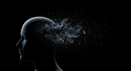 A conceptual representation of the human mind dissolving into particles against a black backdrop.