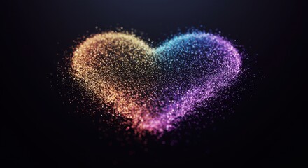 Glowing heart created from particles with hues of gold, violet and blue against dark background.