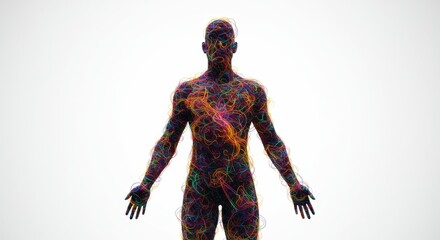 Abstract rendering of human form, entangled in vibrant strands, showcasing complexity and connection.