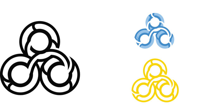 Flat vector illustration set of interlocking circular loop icons in black blue and yellow colors isolated on white background for abstract logo and unity symbol design - Powered by Adobe