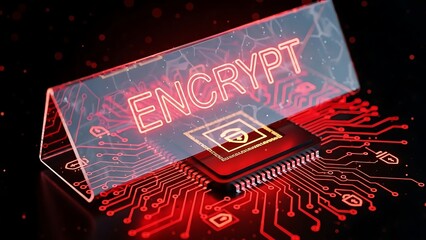 Secure data encryption on modern circuit board with glowing red lights