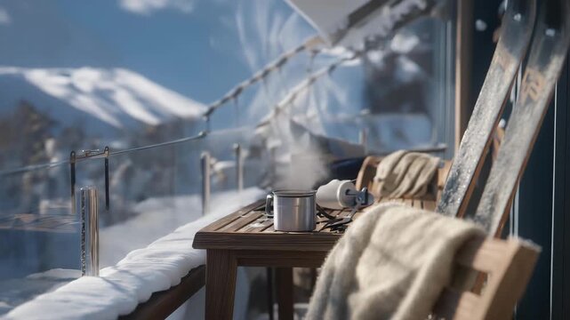 On a rooftop deck, skis and goggles hang from a metal hook, the skis' bindings iced over from recent use, surfaces beaded with melting snow, and the goggles' strap dangling, foam padding damp. A