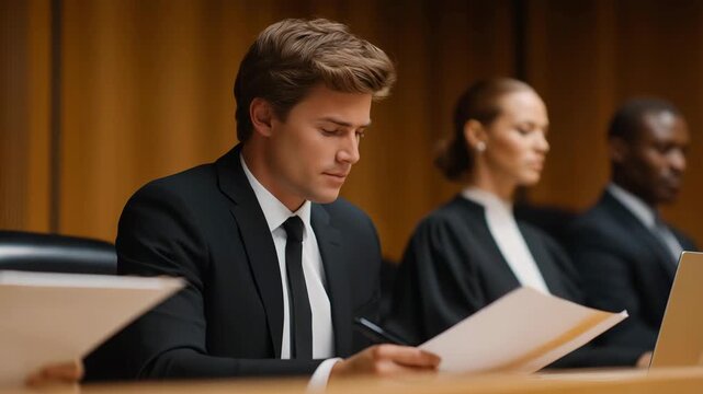 Panel of professional jurors sitting in a courtroom with law books, evidence files, and laptops, carefully reviewing witness testimonies and exhibits, highlighting impartial decision-making,