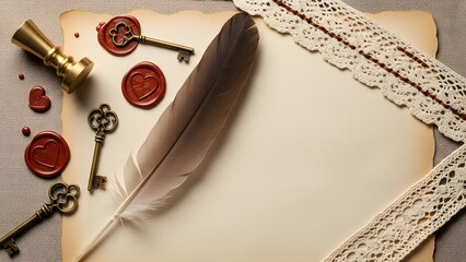 Vintage Quill Pen Wax Seals and Keys on Aged Paper with Lace Trim.