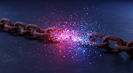A rusty chain breaking apart with vibrant pink and blue light emanating from the broken point.