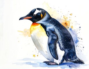 Watercolor illustration of a penguin with splashes of color