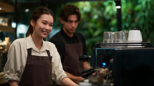 Joyful barista and customer in a bustling coffee shop with lush green background