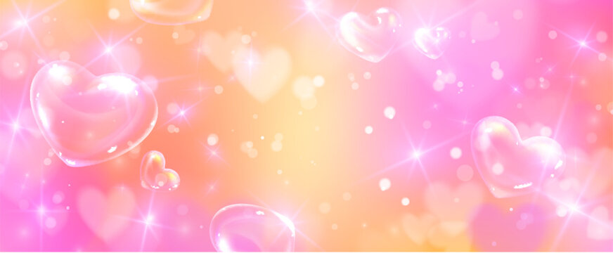 Dreamy rainbow background with 3d hearts and glitter particles. Vector realistic illustration of seamless pastel gradient, princess pattern, shimmering sparks, magic bokeh effect, cute girly design