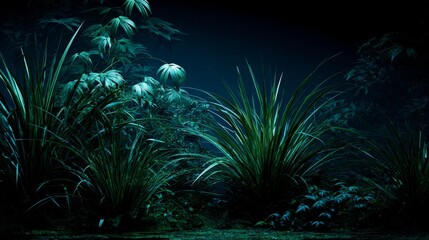 Lush jungle foliage illuminated by a powerful spotlight creating dramatic shadows and vibrant green hues in a dense, natural environment.