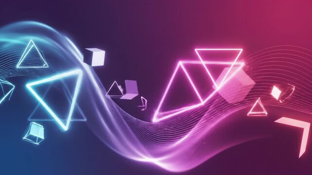 Vibrant neon geometric shapes with flowing light trails create a dynamic, modern digital abstract scene full of color and energy ideal for creative projects and visual effects