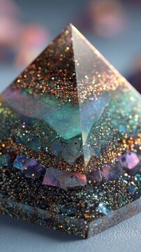 A decorative resin pyramid containing layers of shimmering glitter and crystals. Perfect for esoteric blogs, home decor sites, or wellness articles on energy healing and meditation.