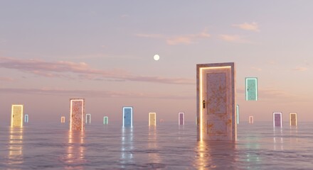 An array of colorful doors stands on the water surface, illuminated by the light of dawn.