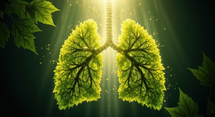 Leaf-shaped lung illustration symbolizing respiratory health and environmental awareness concept.