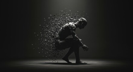A figure slowly disintegrates into fragmented pieces, silhouetted against a dark, somber backdrop.