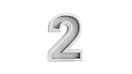 3D Number 2 with metallic silver border on transparent background