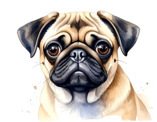 Watercolor illustration of a pug dog with big, soulful eyes