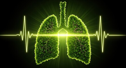 A lush green lung-shaped foliage with a vital sign line symbolizes respiratory health and wellness.
