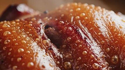 Closeup macro shot of a rich ambercolored viscous liquid bubbling intensely on a hot surface creating numerous small shimmering spheres and rising steam perfect for illustrating cooking processes con. - Powered by Adobe