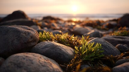 Serene golden hour sunset casting warm soft light on glistening wet rocks and vibrant green seaweed along a tranquil ocean shoreline at dusk