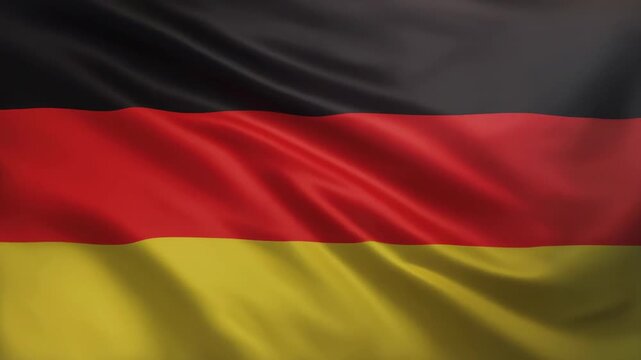 The German flag waving with black, red, and yellow horizontal stripes on a white background.