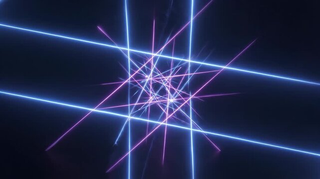 A mesmerizing display of glowing neon lines and starburst effects in a vibrant digital scene, emphasizing modern technology and abstract motion.