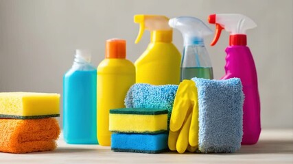 Cleaning products with colorful bottles, sponges and gloves in a bucket for housework. Various items for home cleaning and disinfection. - Powered by Adobe