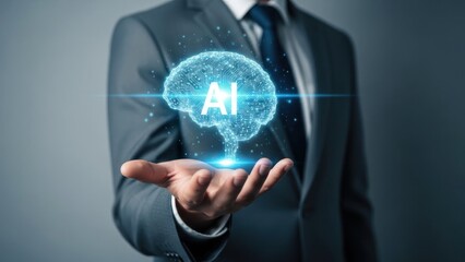 Businessman holding glowing artificial intelligence brain over hand