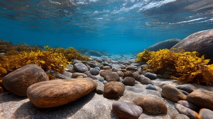 Underwater view of a rocky seabed covered in sand and vibrant seaweed with sunlight filtering through clear blue ocean water
