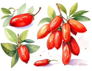 Watercolor illustration of goji berries with green leaves