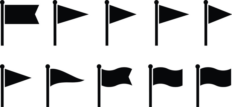 Black silhouette vector illustration set of various flag icons on poles isolated on white background for map marking destination and location point design