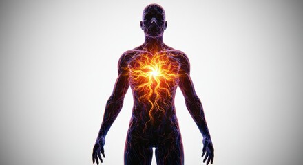 Anatomical human figure with glowing plexus. Represents energy flow, vitality, or health.