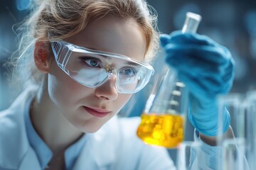 Scientist conducting experiments in a laboratory while analyzing liquid in a beaker on a bright day with advanced lab equipment surrounding her