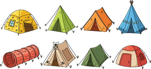 Flat vector illustration set of colorful camping tents and play houses isolated on white background for outdoor adventure recreation and children fun activities © Aminul