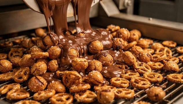 Medium shot of pretzel bites tumbling inside a chocolate enrobing machine with a rich glossy layer enveloping the salty snacks emphasizing contrast of flavors and textures.