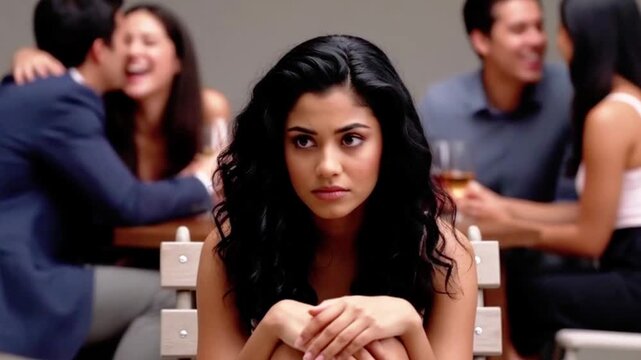 Introverted woman sitting alone while others socialize happily. AI