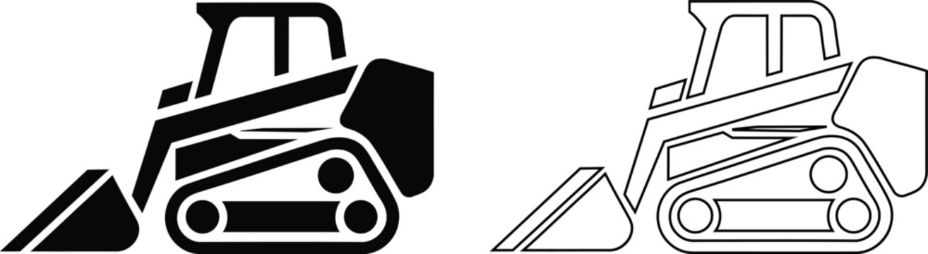skid steer loader and excavator icons in black and white