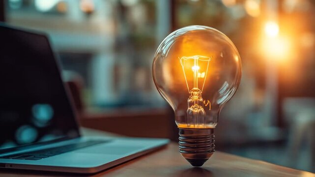 Bright glowing light bulb stands on a desk next to a blurred laptop, symbolizing ideas