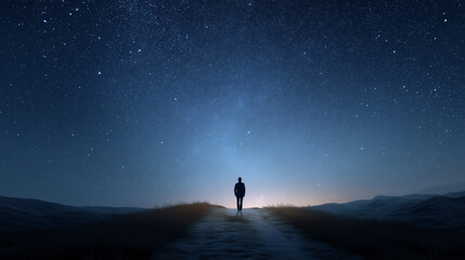 Fototapeta premium Man standing on the misty grassy hill at night with starry sky and Milky Way, creating a sense of wonder and cosmic exploration