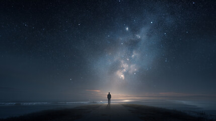 Fototapeta premium Man standing on the misty grassy hill at night with starry sky and Milky Way, creating a sense of wonder and cosmic exploration