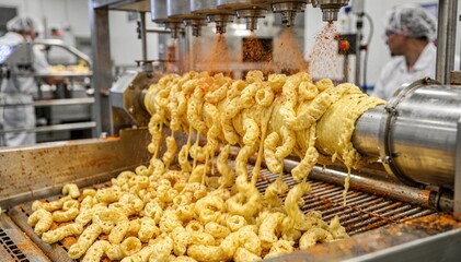 Medium shot capturing the extrusion and cutting process of corn curls on an automated production line emphasizing texture development and seasoning application.