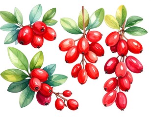 Watercolor illustration of multiple clusters of bright red berries