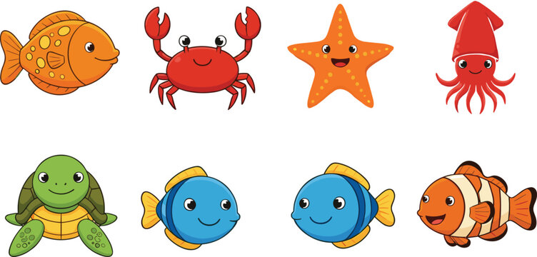 Cute cartoon sea animals vector collection featuring turtle fish squid starfish crabs lightning bolt and flowers isolated on white background for children design
