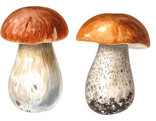 Watercolor illustration of two edible mushrooms, rendered in detail