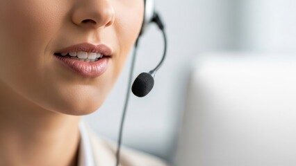 Woman wearing headset speaking into microphone close up