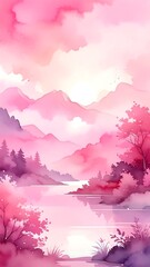 Watercolor landscape depicting a serene pink mountain scene with reflections