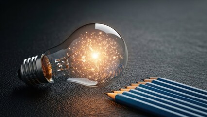 Glowing lightbulb with sparks next to pencils on dark surface.