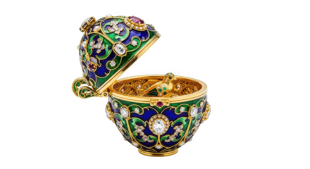 Ornate gold enameled egg shaped box with jeweled bird inside and open lid image