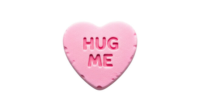 Pink heart shaped candy with the words Hug Me embossed on it against a black background love