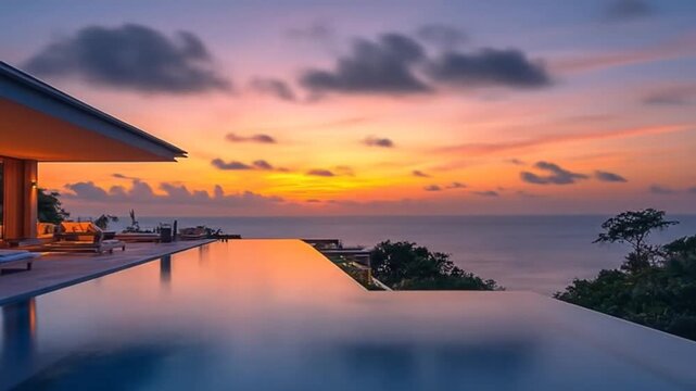 Infinity pool at a luxury resort overlooking a vibrant ocean sunset with lush foliage
